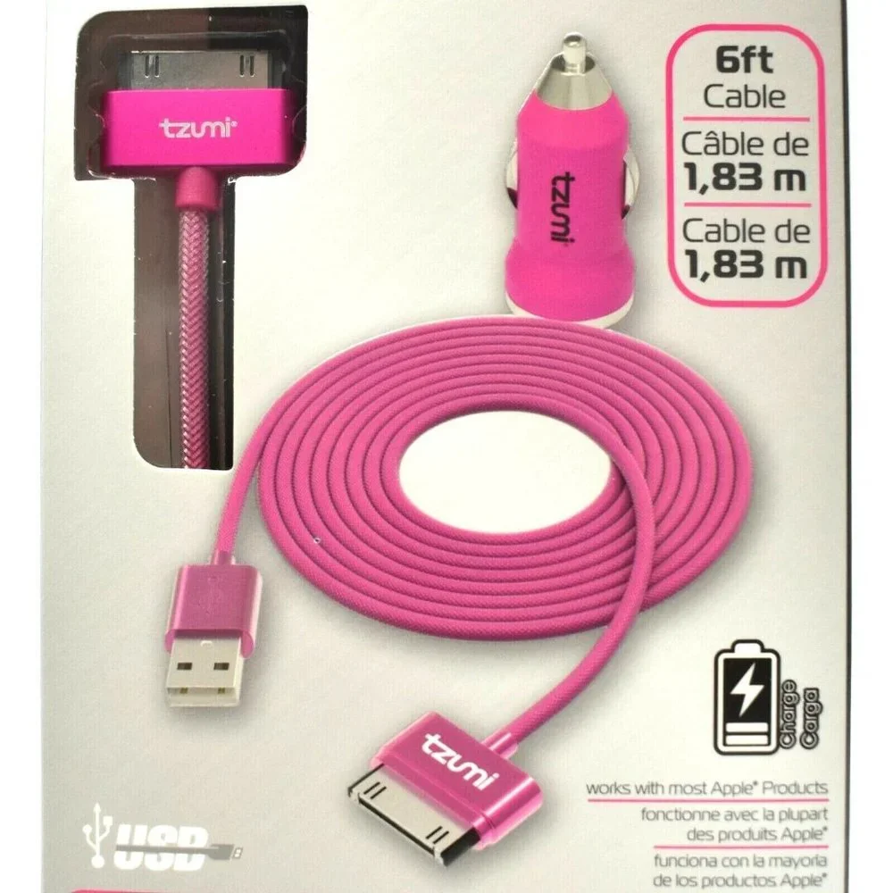 Tzumi DC Car Charge Pak Charger 6ft Mesh 30-Pin USB Connector Pink NEW For Apple
